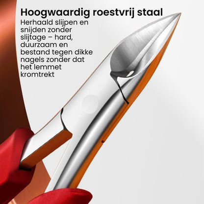 Close-up van een scherp, duurzaam roestvrijstalen snijgereedschap met rood handvat.