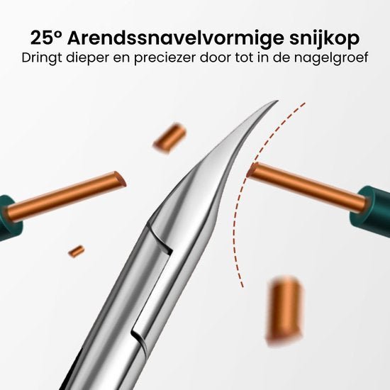 Close-up van een scherp roestvrijstalen snijkop met een 25 graden arendssnavelvorm.