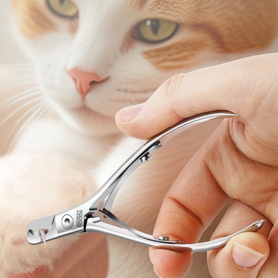 Hand die een roestvrijstalen nagelknipper vasthoudt met op de achtergrond een oranje-witte kat