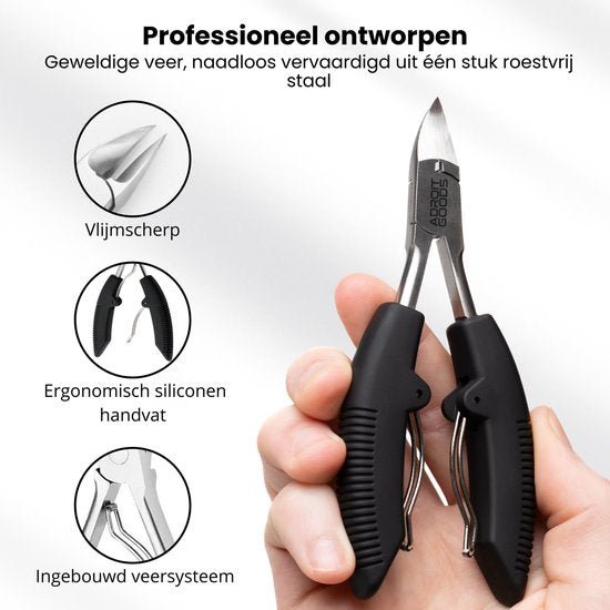 Hand houdt een roestvrijstalen kniptang met ergonomisch siliconen handvat en veersysteem