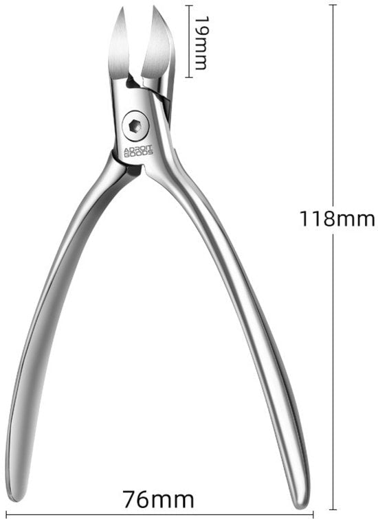 Roestvrijstalen kniptang met afmetingen 118mm hoog, 76mm breed, 19mm kophoogte