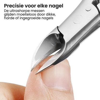 Close-up van nagelknipper die een dikke nagel nauwkeurig knipt met ultrascherpe messen