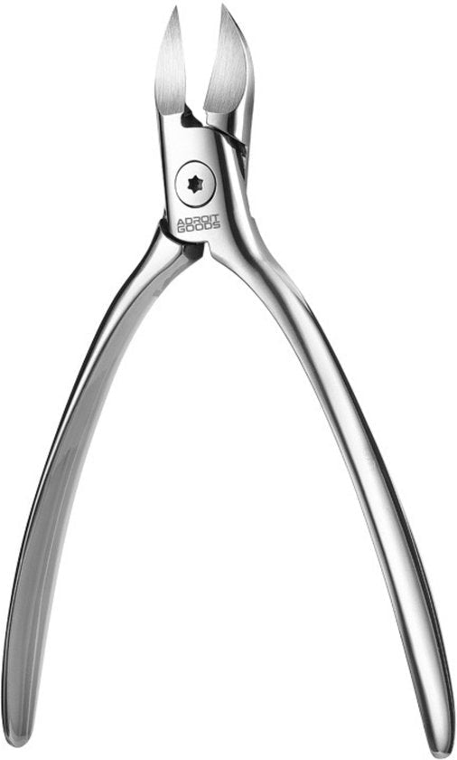 Rvs nagelknipper met scherpe, gebogen snijbladen en ergonomische handgrepen