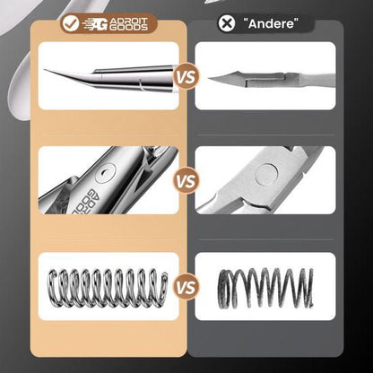 Vergelijking van scherpe roestvrijstalen onderdelen en stevige veren van AdroitGoods versus andere merken.