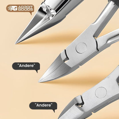 Close-up van scherpe metalen kniptangen voor precies knippen met AdroitGoods logo