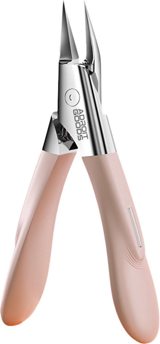 Roze handgreep kniptang met smalle zilveren metalen bek en Adroit Goods logo zichtbaar