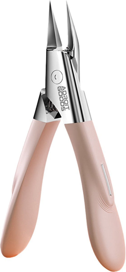 Roze handgreep kniptang met smalle zilveren metalen bek en Adroit Goods logo zichtbaar