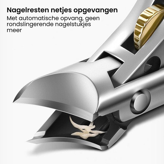 Close-up van een metalen nagelknipper die nagelresten opvangt met een automatische opvangbak