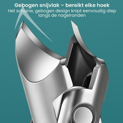 Close-up van een metalen tang met een gebogen snijvlak voor precisie langs nagelranden.