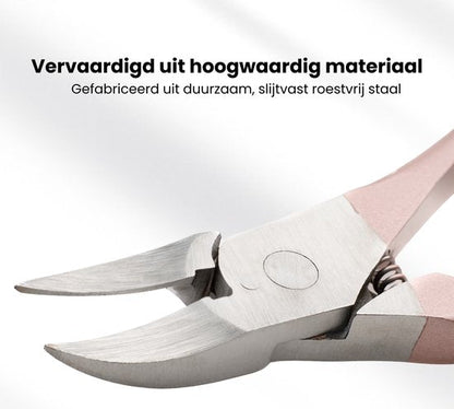 Roestvrijstalen kniptang met roze handvat, duurzaam en slijtvast materiaal zichtbaar