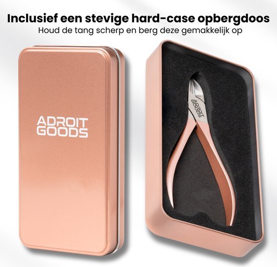 Roze metalen nagelknipper met stevige hard-case opbergdoos van AdroitGoods in detail weergegeven