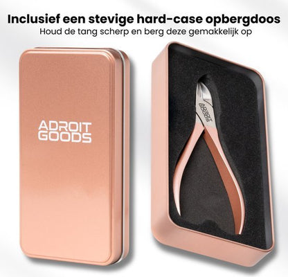 Roze metalen nagelknipper met stevige hard-case opbergdoos van AdroitGoods in detail weergegeven