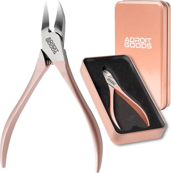 Roze metallic nagelknipper met scherpe punten en metalen bewaardoos van AdroitGoods