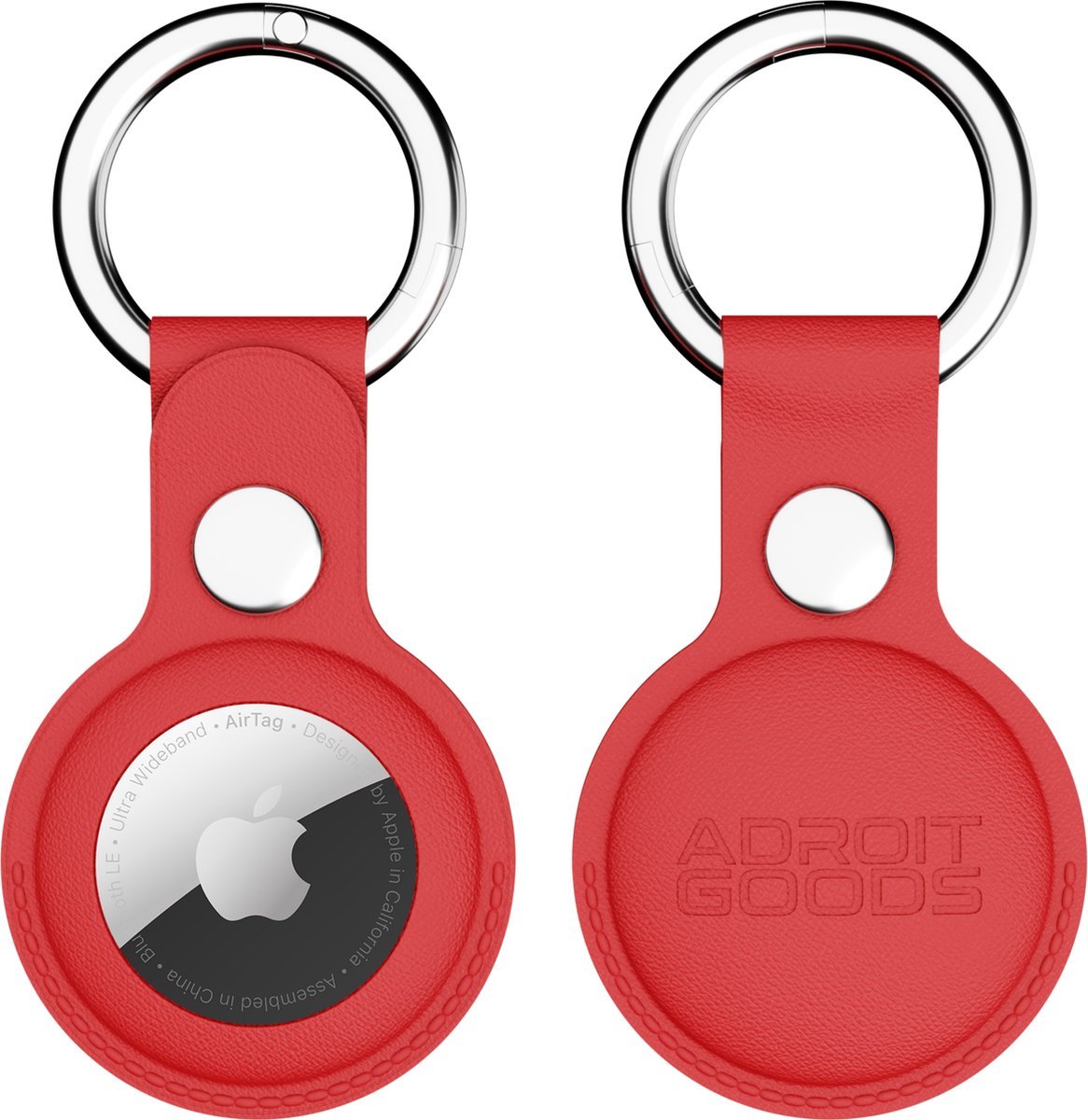 Rode leren sleutelhanger met ronde metalen ring en zichtbare Apple AirTag en AdroitGoods-merklogo.