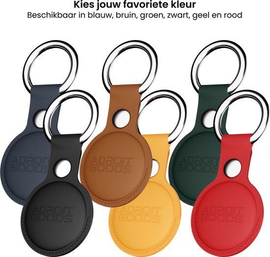 Zes leren sleutelhangers in verschillende kleuren met metalen ringen en AdroitGoods logo.