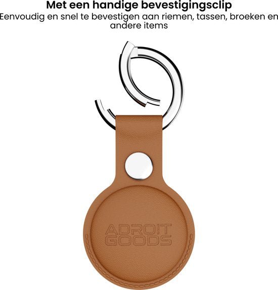 Ronde bruine leren sleutelhanger met metalen clip en Adroit Goods opdruk