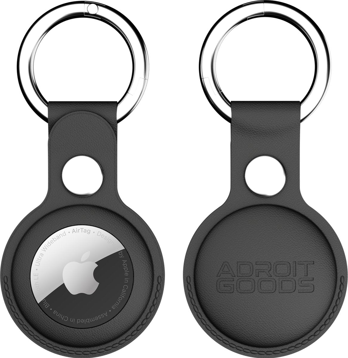 zwarte leren sleutelhanger met metalen ring en uitsparing voor Apple AirTag logo zichtbaar
