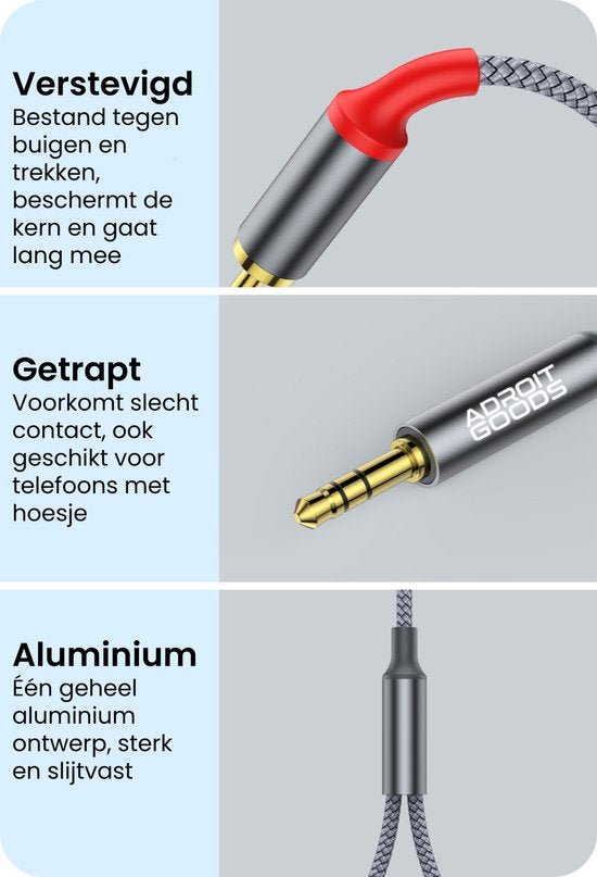Close-up van een stevig, getrapt en aluminium 3,5mm audiokabel met duurzame beschermlaag