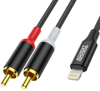 Zwarte kabel met rode en witte stereo RCA-connectoren en een Lightning-connector aan de andere kant