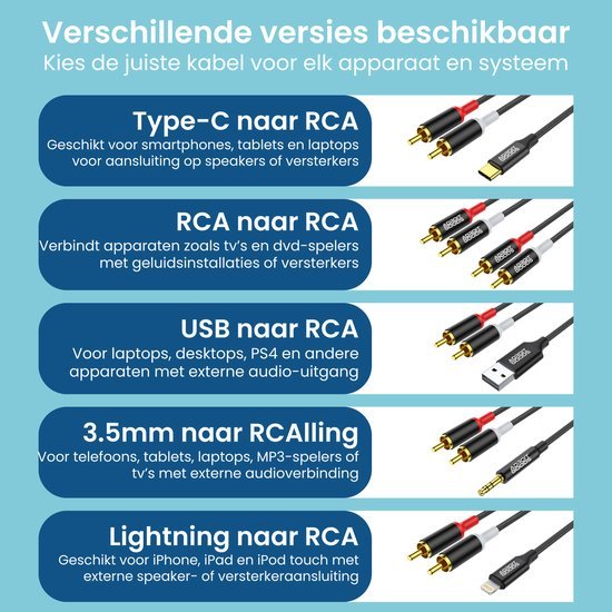 Overzicht kabeltypes van type-C, RCA, USB, 3.5mm en Lightning naar RCA voor audioverbindingen