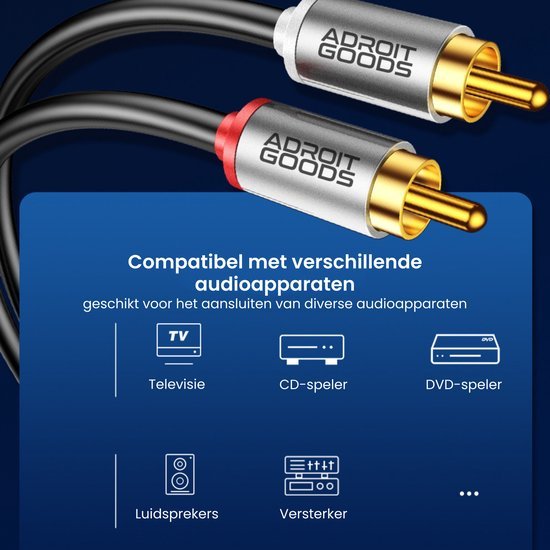 Zwarte AdroitGoods audiokabel met goudkleurige RCA-connectoren en rood-witte markeringen