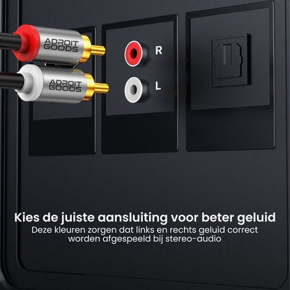Rode en witte audiokabels aangesloten op rechter en linker geluidspoort voor stereo geluid.