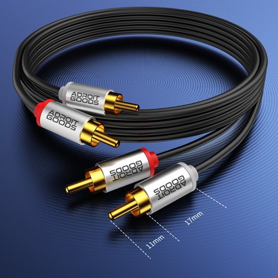Zwarte audiokabels met goudkleurige connectoren en merklabels Adroit Goods zichtbaar
