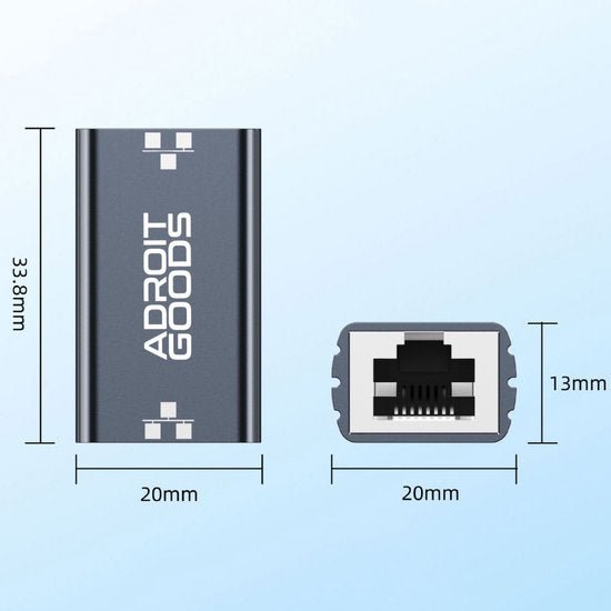 Compact zwart metalen netwerkadapter met afmetingen 33,8 x 20 x 13 millimeter