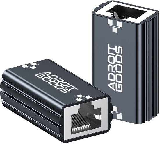 twee zwarte AdroitGoods netwerkverlengstukken met robuuste behuizing en metalen contacten