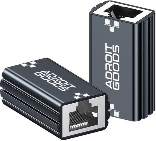 twee zwarte AdroitGoods netwerkverlengstukken met robuuste behuizing en metalen contacten