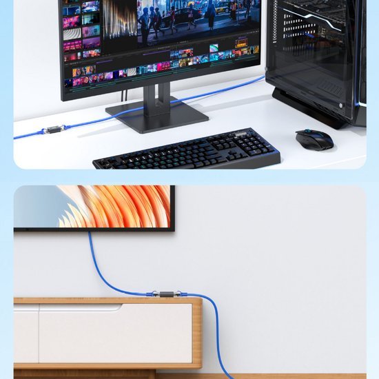 Blauwe kabel aangesloten op desktopcomputer en tv voor een nette kabelverbinding op wit bureau