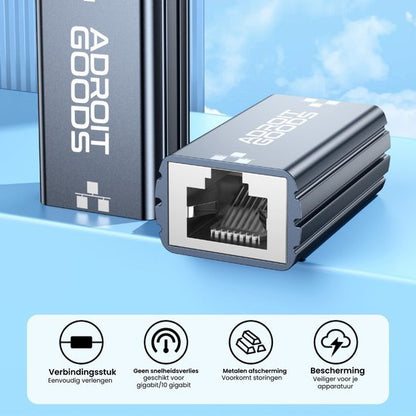 Zwarte metalen netwerkverlengconnector met AdroitGoods logo en pictogrammen voor functies.