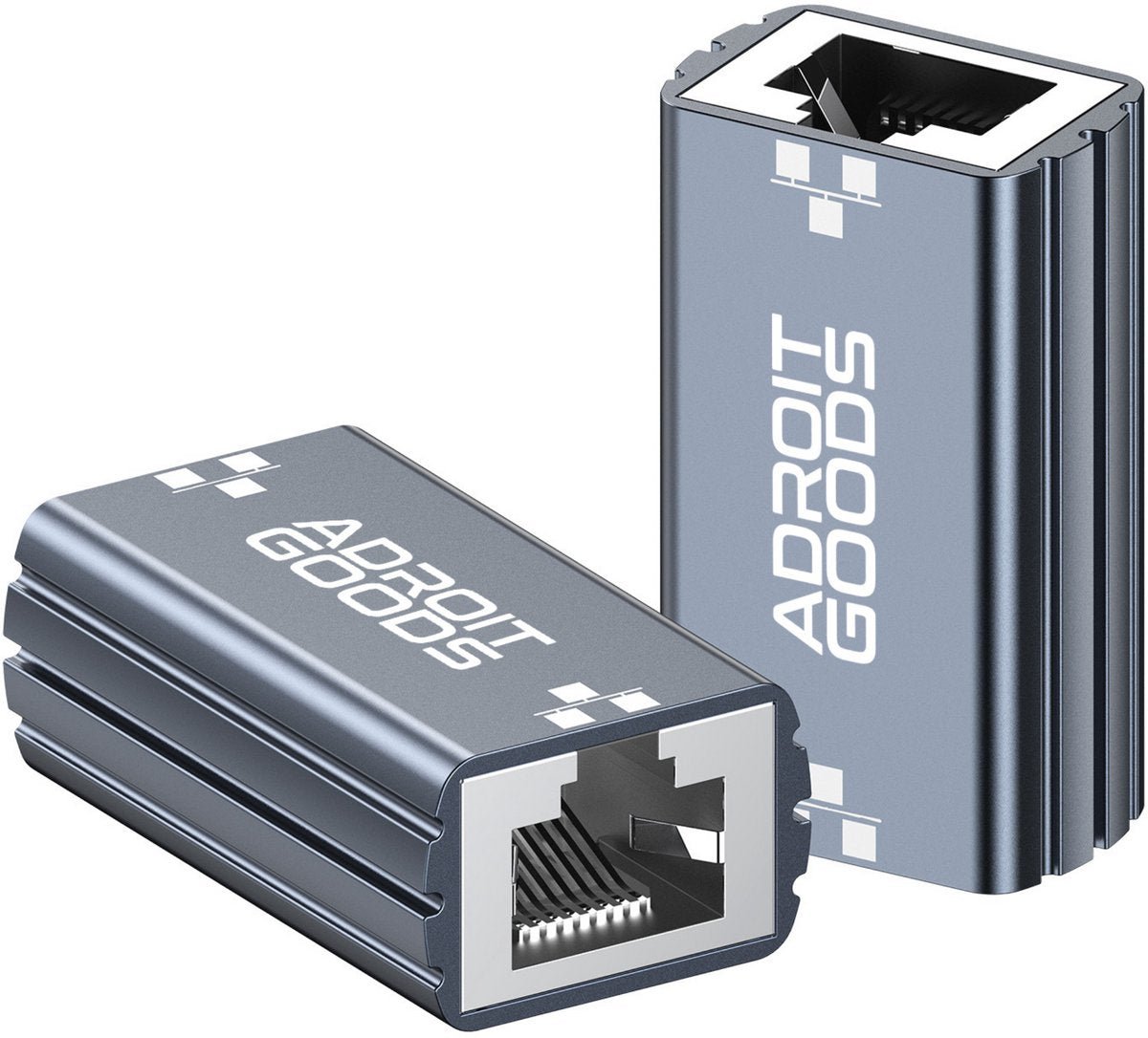Twee metalen netwerkconnectors met AdroitGoods logo en open RJ45-poorten in blauwgrijze kleur.