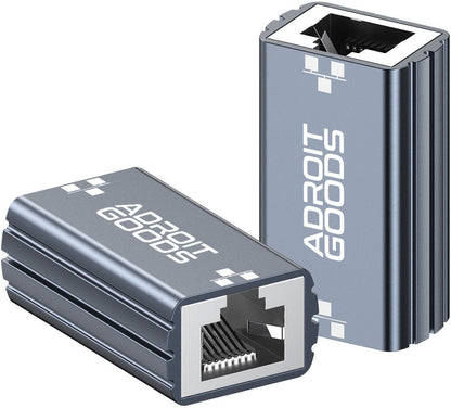 Twee metalen netwerkconnectors met AdroitGoods logo en open RJ45-poorten in blauwgrijze kleur.