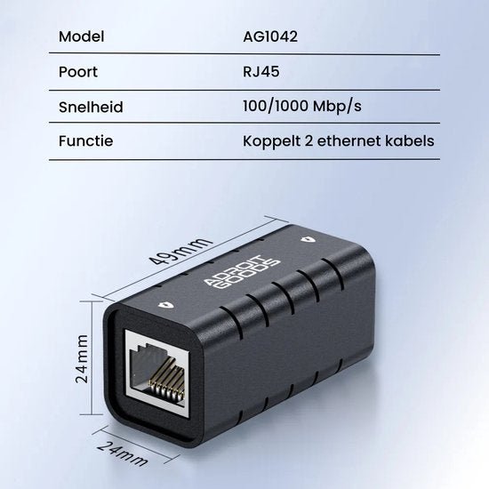 Zwarte RJ45 ethernetkabel koppeling met afmetingen 49x24x24 mm en AdroitGoods merklogo.