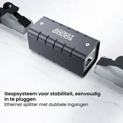 Grijze Ethernet splitter met dubbele ingangen en gespsysteem voor eenvoudige aansluiting