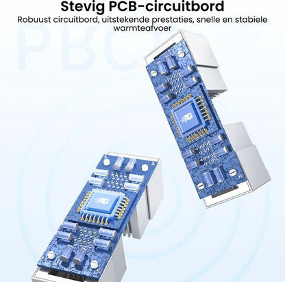 Twee robuuste blauwe printplaten met diverse elektronische componenten en connectoren