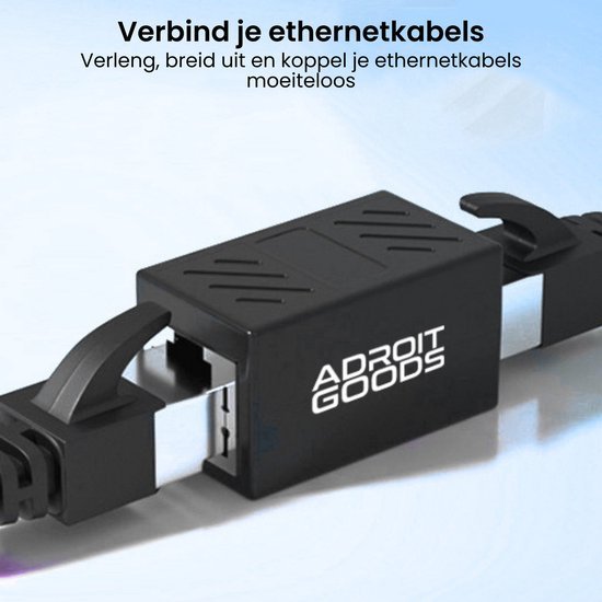 zwart ethernetkoppelstuk met AdroitGoods logo om netwerkkabels eenvoudig te verbinden