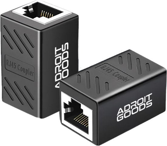 Zwarte RJ45 netwerkkoppelstuk met AdroitGoods logo voor het verbinden van ethernetkabels