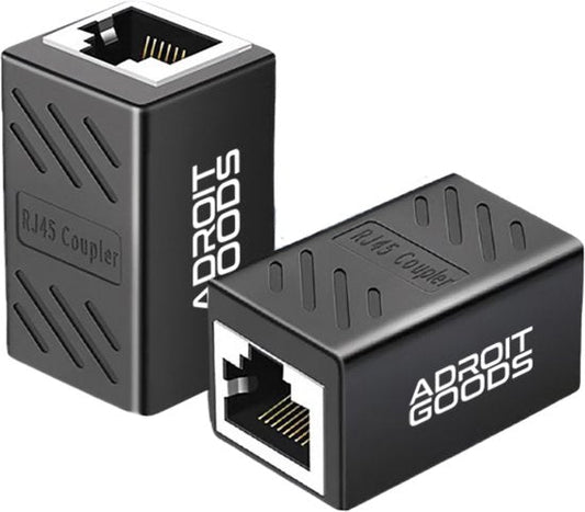 Zwarte RJ45 netwerkkoppelstuk met AdroitGoods logo voor het verbinden van ethernetkabels