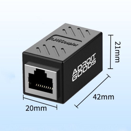 zwarte compacte netwerkadapter met afmetingen 42x20x21mm en AdroitGoods logo