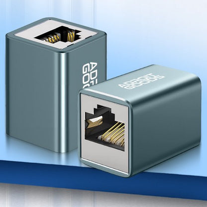 Compact metalen netwerkkoppelstuk met AdroitGoods opdruk voor Ethernet kabels aansluiten