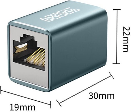compact metalen netwerkconnector adapter met afmetingen 30x22x19 millimeter