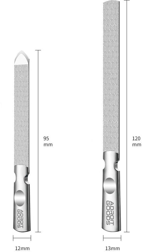 Twee metalen vijlen met gekarteld oppervlak en afmetingen van 95 mm en 120 mm lang.