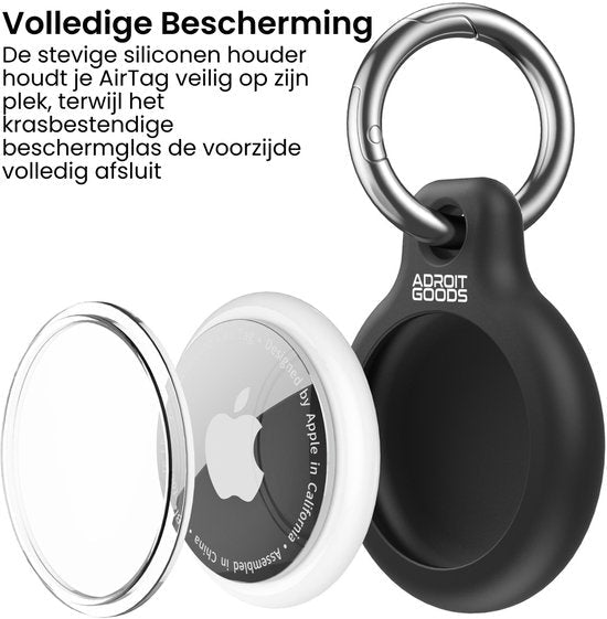 Stevige zwarte siliconen houder met metalen ring en krasbestendig beschermglas voor AirTag veiligheid.