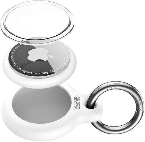 witte beschermhoes met metalen karabijnhaak en transparante deksel voor tracker apparaat
