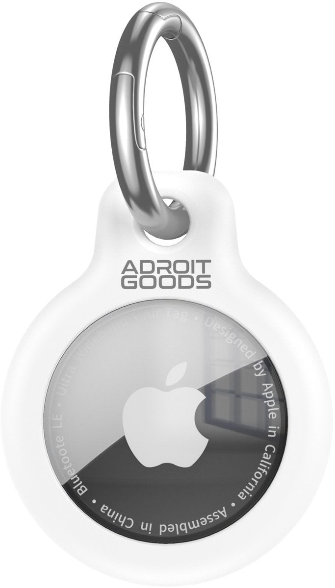 Witte siliconen houder met metalen ring en zichtbaar Apple logo binnenin transparante cirkel