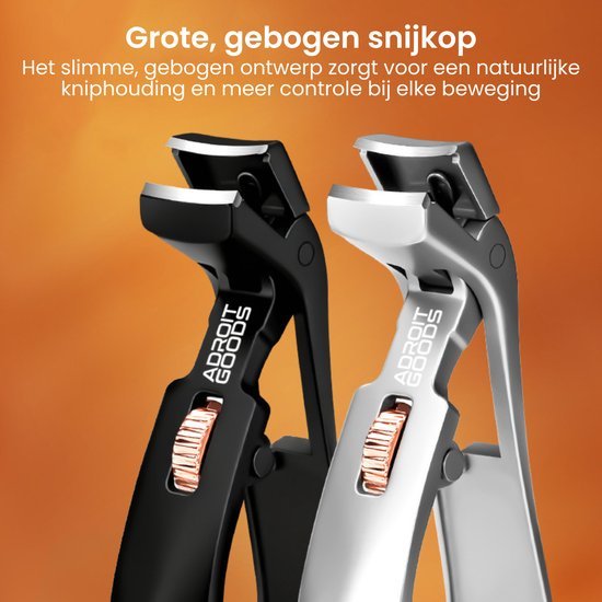 Twee nagelknippers met grote gebogen snijkoppen en verstelbare roze wieltjes