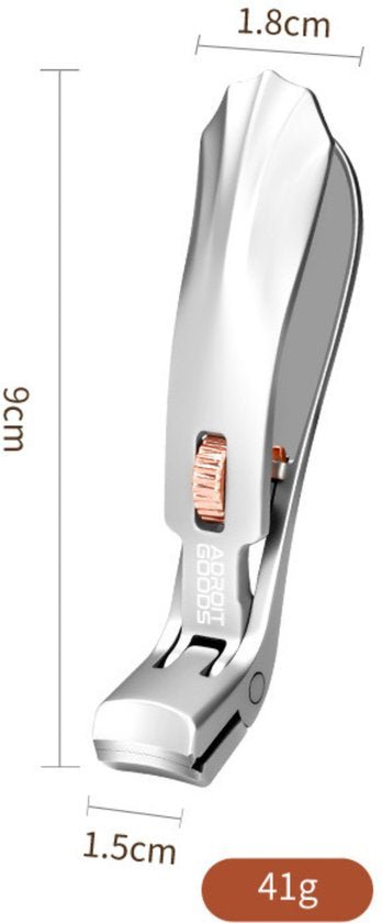 zilverkleurige nagelknipper met koperkleurige draaiknop en afmetingen weergegeven