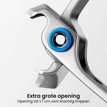Close-up van een metalen knipmechanisme met grote opening en blauwe ring voor krachtig knippen